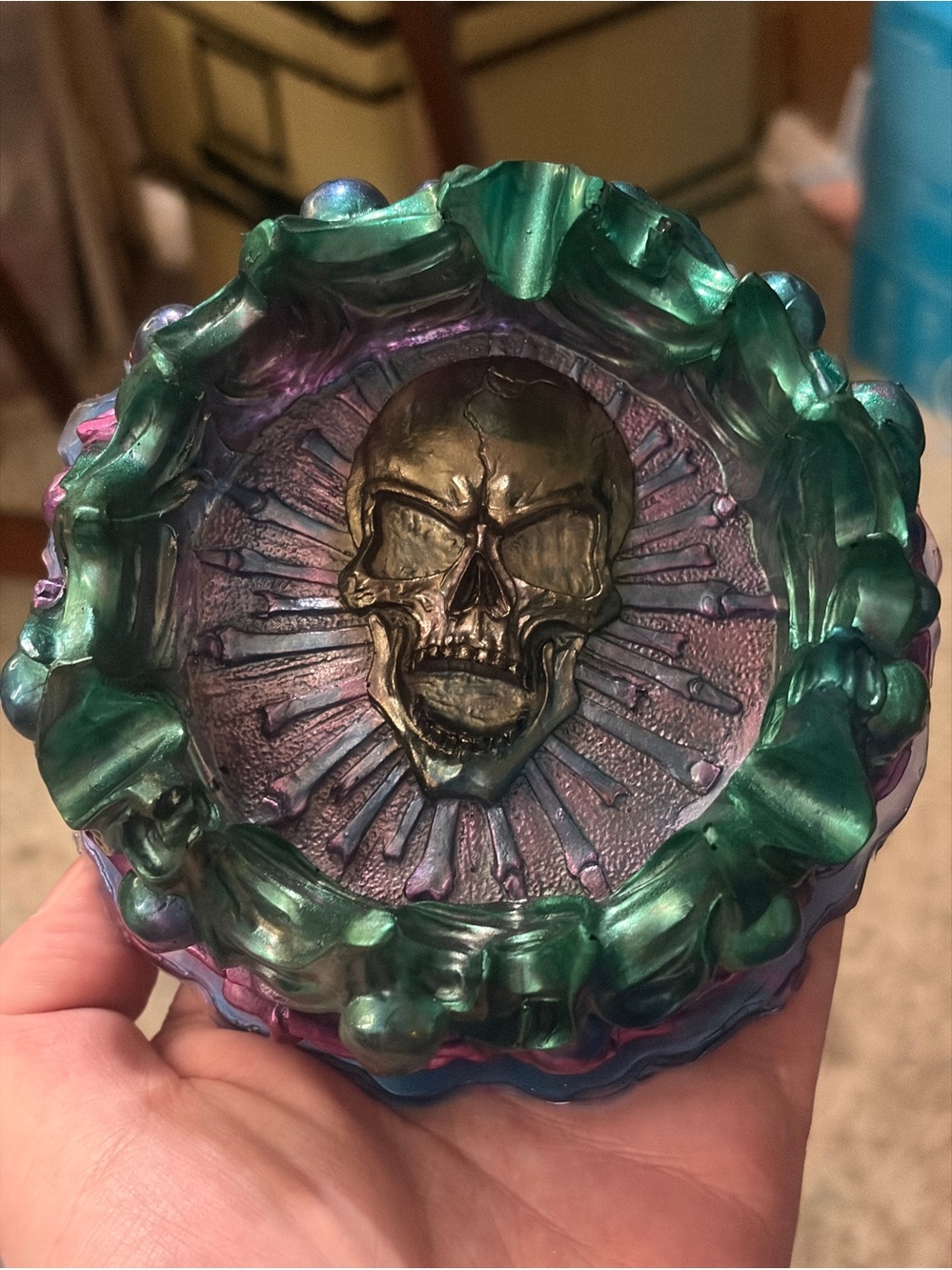 Iridescent Green & Purple Skull Accent Bowl - Home Art Sculpture